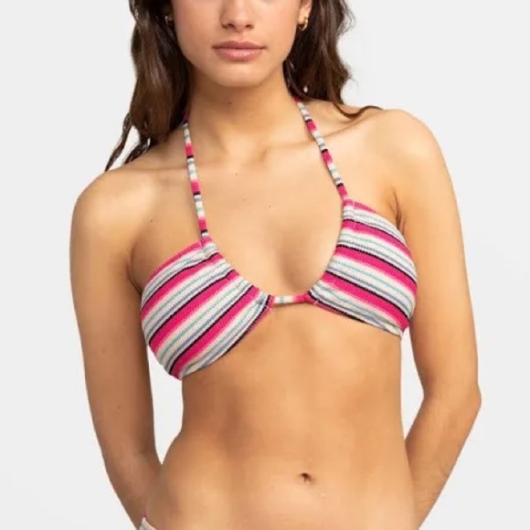Roxy Paraiso Stripe Crochet Style Halter Neck Bandeau Bikini Top - Size S - NWT - Picture 1 of 10